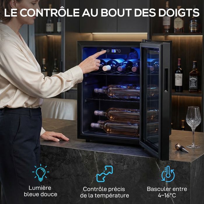 Wine cellar - HOMCOM - 16 bottles - adjustable temperature 4-16 °C, reversible door - steel and tempered glass - 43x41.5x57.5cm - black