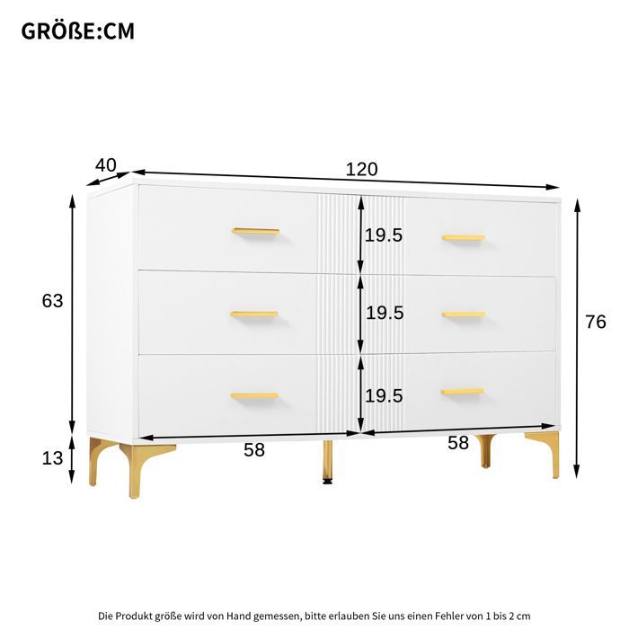Cómoda HOMVRA de 120x40x76 cm con 6 cajones, acabado texturizado ondulado, fabricada en MDF, color blanco.