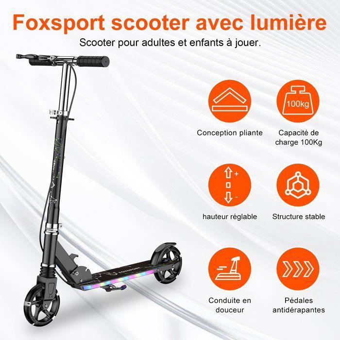 Patinete infantil - FOXSPORT - Modelo estiloso e com luzes - Dobrável - Guidão ajustável em 4 níveis - Freio duplo