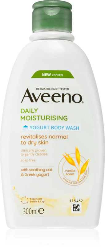 Sabonete líquido hidratante diário Aveeno com aroma de iogurte e gel de banho nutritivo.