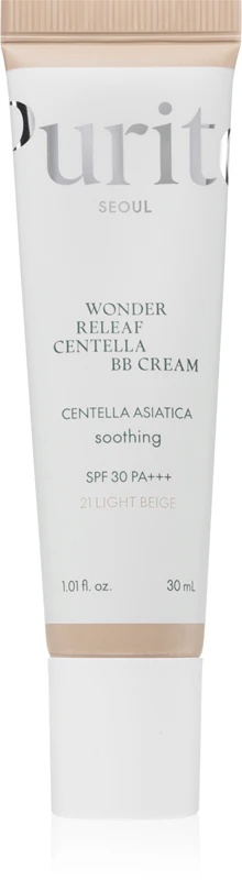 Purito Wonder Releaf Centella BB krēms ar balinošu un nomierinošu iedarbību.