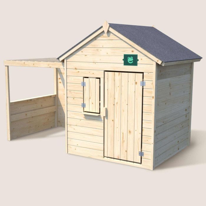 Casita de juegos infantil de madera sin tratar - JARDIPOLYS - Casita de juegos Alpaca - Con pérgola - Dimensiones 245 x 128 x 162 cm