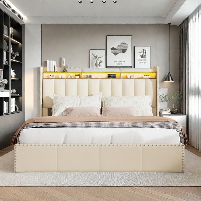Cama doble con espacio de almacenamiento de 140x190 cm - TANANT - Beige - Iluminación LED integrada - Almacenamiento práctico - Cabecero decorativo