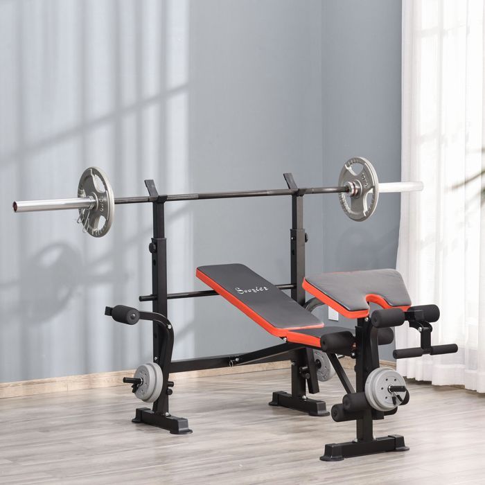 Banco de pesas - HOMCOM - con soporte para barra - respaldo ajustable - acero - 175 x 139 x 127 cm - negro y rojo