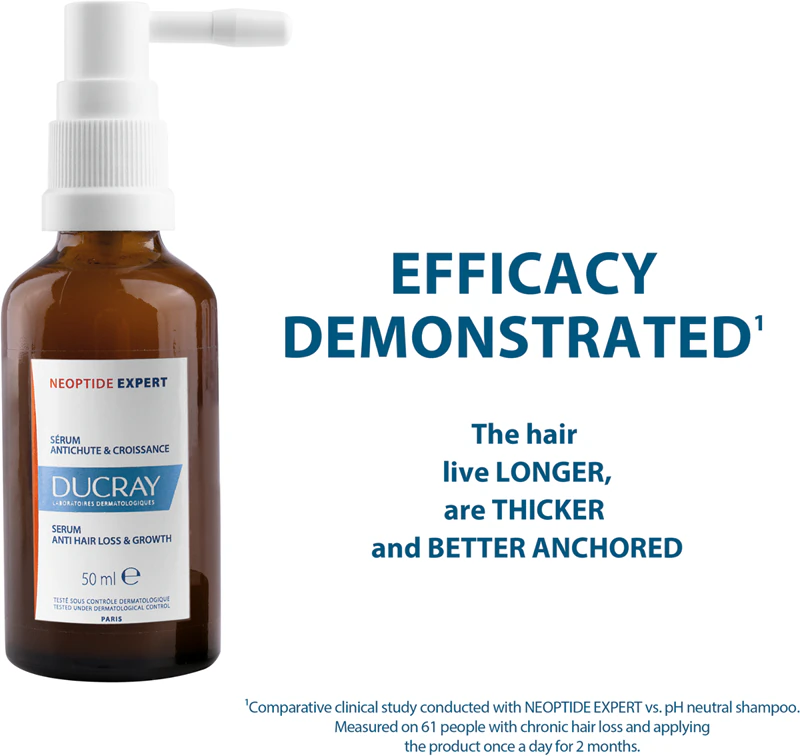 Ducray Neoptide Expert, tratamento localizado contra a queda de cabelo, para crescimento e fortalecimento dos folículos capilares.