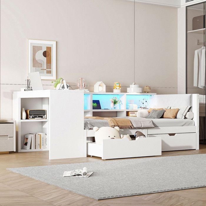Letto combinato per bambini 90x200 cm - con 2 cassetti e stazione di ricarica - con luci LED colorate - bianco