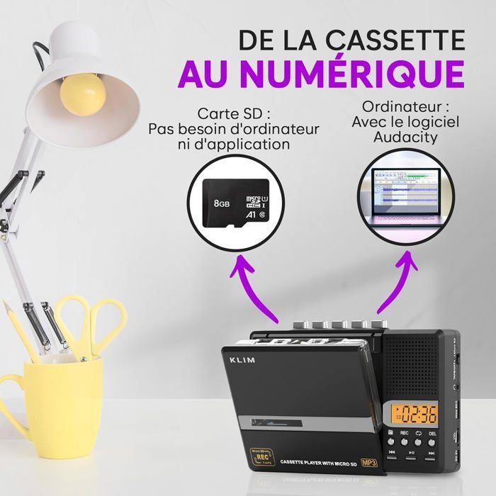 Reproductor y grabador de casetes K10, reproductor de casetes portátil y convertidor de MP3 + micrófono y altavoz integrados + auriculares