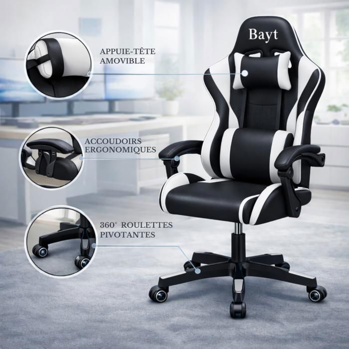 Bayt Chaise Gaming Ergonomique - Accoudoirs Réglables - Hauteur Ajustable - Dossier Inclinable - Noir & Blanc