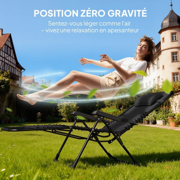 Lot de 2 chaise longue pliable et inclinable avec table d'appoint - Outsunny - porte-gobelets et appuie-têtes - charge 120 kg - noir