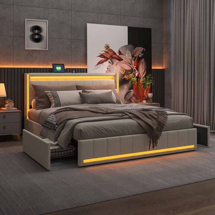 Lit double 160x200 cm avec sommier à lattes, tête de lit avec LED et USB, 4 tiroirs, tissu en lin, Lit capitonné 2 Personnes, beige