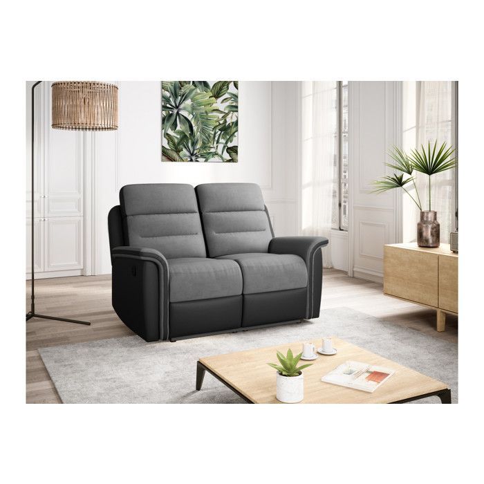 Sofá reclinable de 2 plazas LÉON en microfibra y piel sintética - Gris y negro - LOUNGITUDE