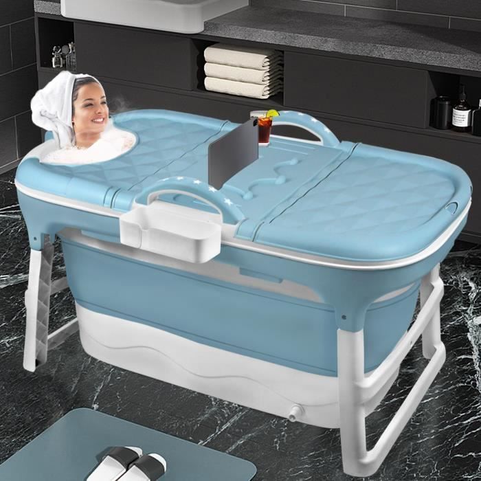 Bañera plegable Aufun de 118 x 62 x 53 cm con tapa y rodillos de masaje, bañera portátil, color azul.