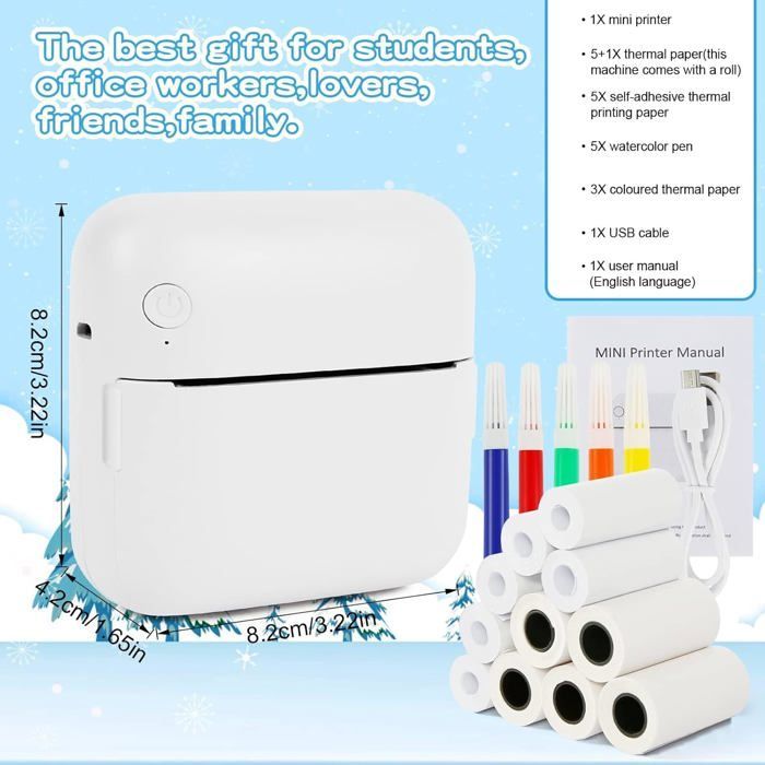 Mini-Fotodrucker, tragbar, Bluetooth-fähig, sofort einsatzbereiter Thermodrucker (mit 10 Rollen Fotopapier)