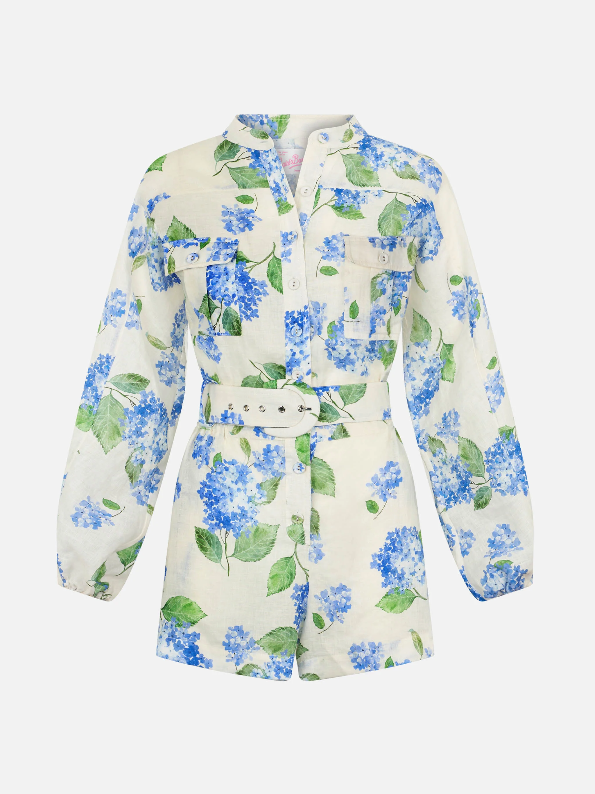 Woman Floral Linen Playsuit Hanniel | Long-Sleeved | Lilac Flower Print | Buttoned Front | Elastic Waist & Fabric Belt |100% Linen | MC2 Saint Barth