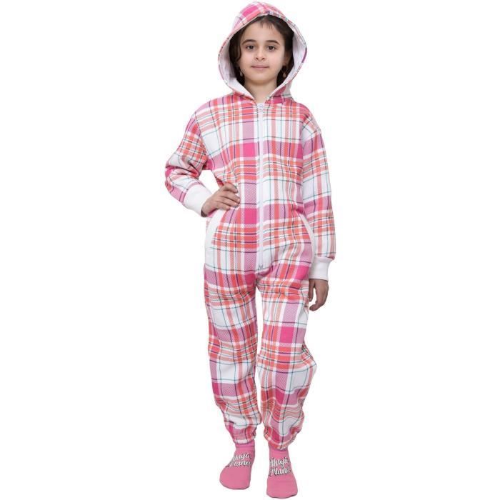 Fleece onesie loungewear set voor meisjes met roze ruitjesprint, maat 5-13 jaar