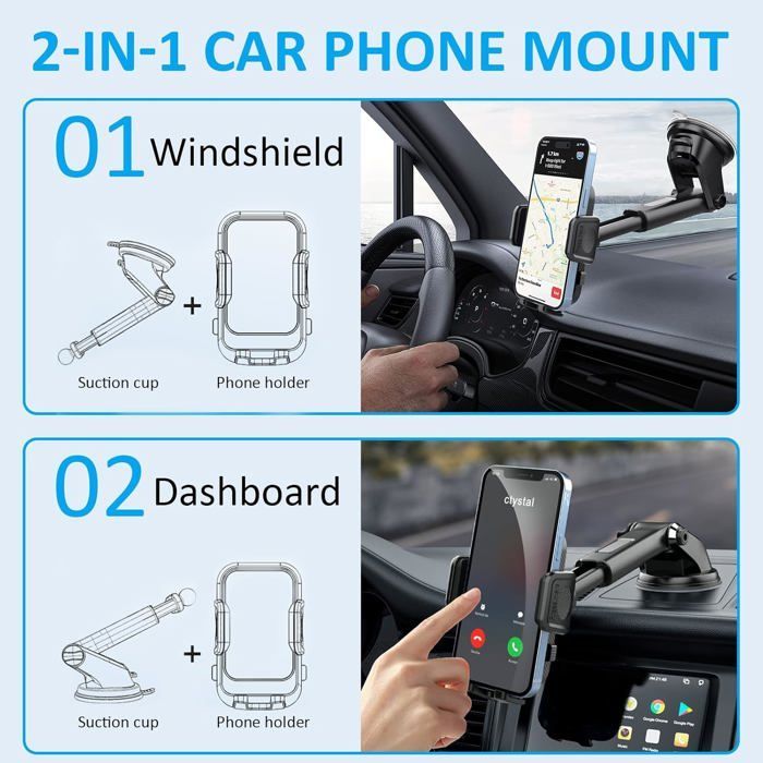 Support téléphone voiture ventouse + grille d’aération, rotation 360°, libération rapide, tableau de bord pare-brise
