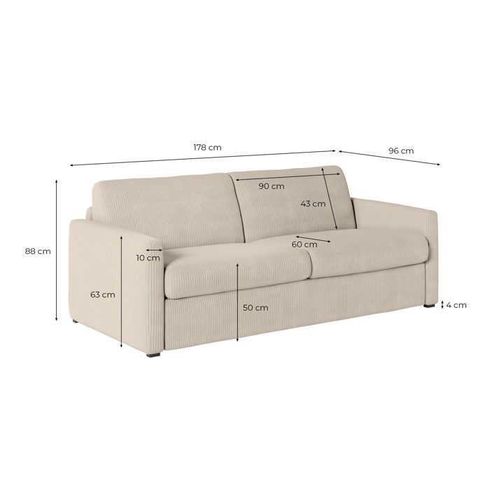 Canapé convertible express 3 places AGATHE 140x190cm en velours côtelé - Taupe - Matelas 13cm - L178 x P96 x H88cm - LOUNGITUDE
