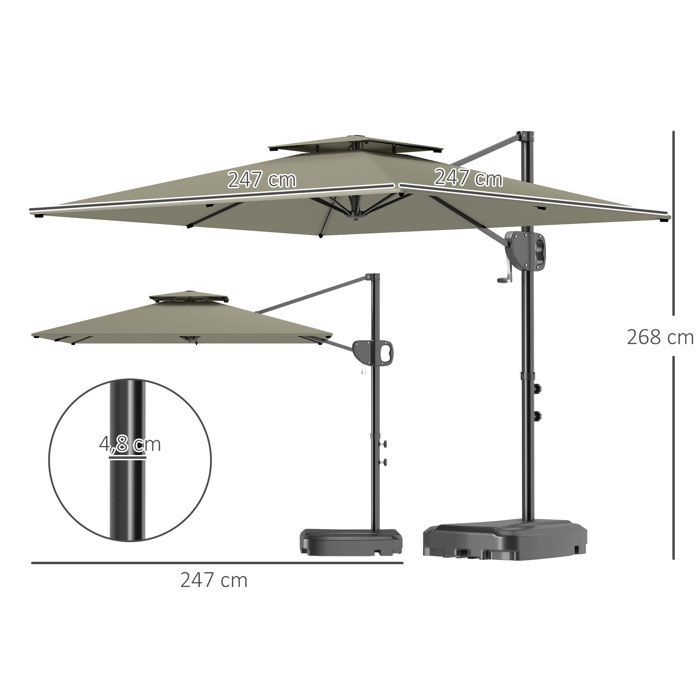 Sombrilla voladiza Outsunny cuadrada de 2,5 x 2,5 m con manivela y 2 bases, doble toldo, resistente a los rayos UV, 8 varillas, color gris claro.