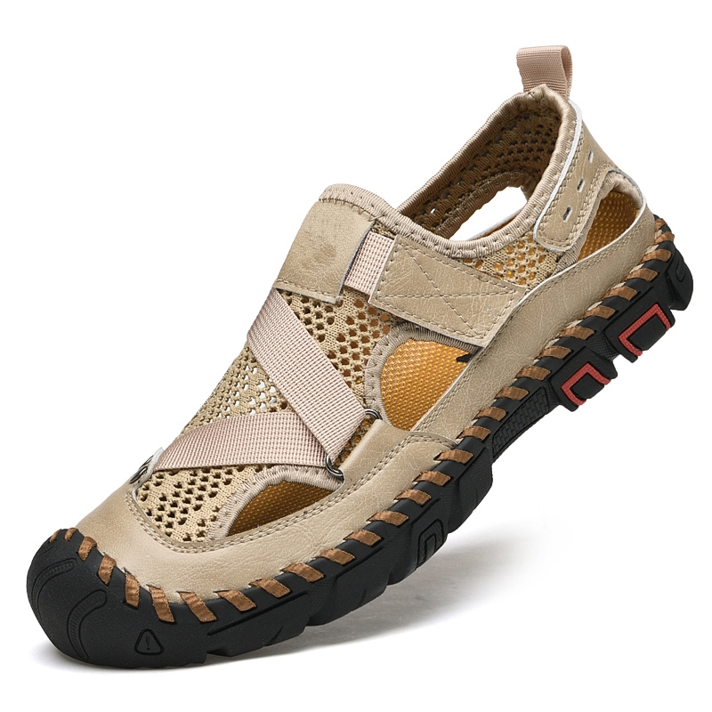 Sandales d'été décontractées en cuir pour hommes, confortables et souples, semelle mi-haute massante, chaussures d'extérieur en maille respirante, sandales de plage pour hommes