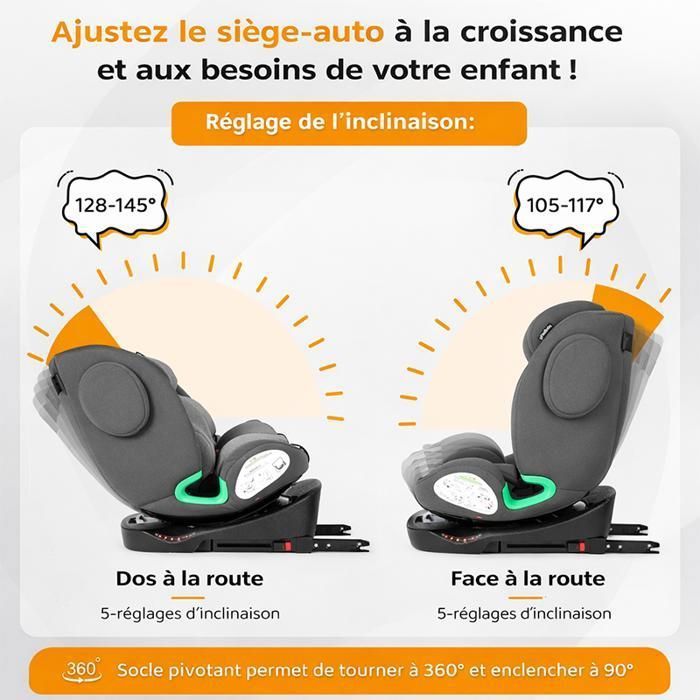 Siège auto i-Size 360° ISOFIX + Top Tether 40-150 cm, dos/face route, ECE R129, gris