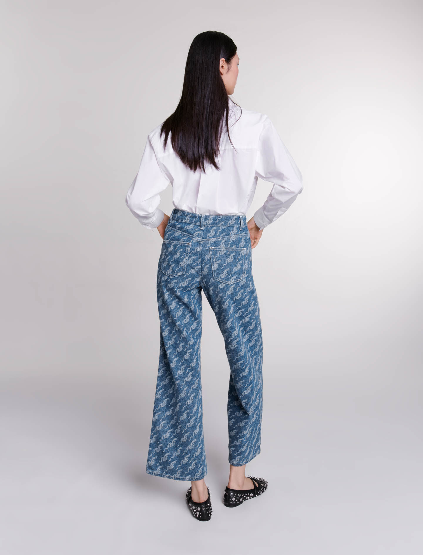 Jeans met wijde pijpen en print - Blauw