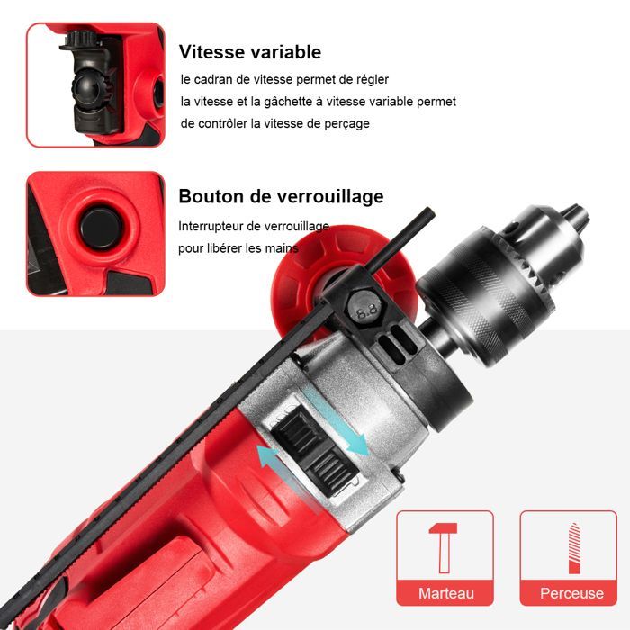 Electric impact drill - TEENO - 910W - 13 mm chuck - 0-3000 rpm - Drilling up to 32 mm