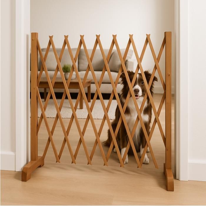 TERRE JARDIN - Puerta de seguridad extensible, de 30 a 150 x 90 cm, barrera protectora de madera retráctil, apta para mascotas.
