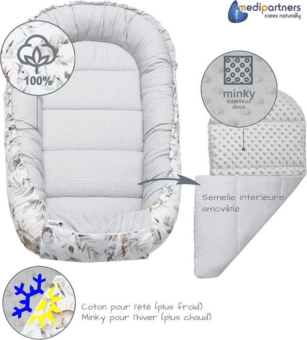 Réducteur de Lit Bébé Medi Partners 100% Coton Nouveau-né Nid de Bébés Insert Amovible 100x60x15 cm Cerf en Feuilles, Gris