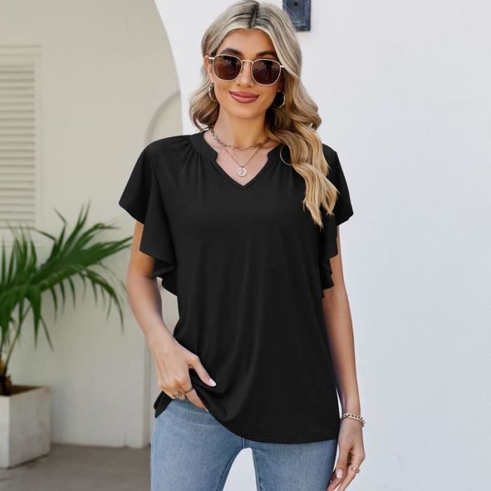 T-Shirt Femme Ete Manches Courts Col V Casual Tee Shirt Tops Manches à Volants Couleur Unie - Noir