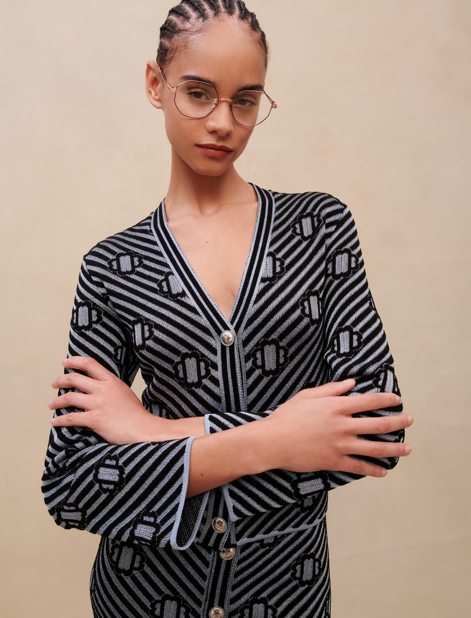 Bedrukt gebreid vest - Zwart/blauw