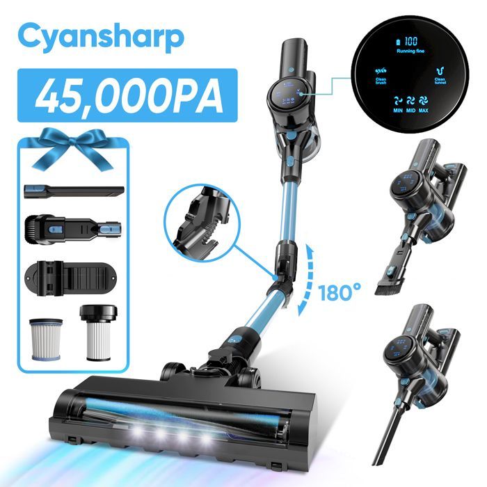 CYANSHARP V8 Cordless Stick Vacuum Cleaner, Bagless Vacuum 130AW, 3 Speeds, Display, 100kRPM BLDC Motor EU, 7 Batteries, CE RoHS