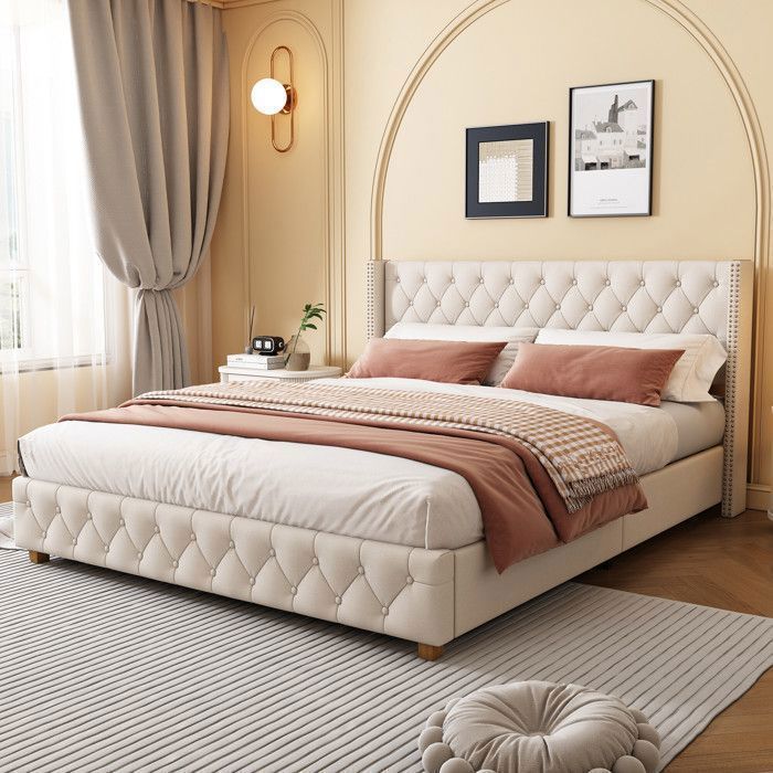 Cama doble para adultos - TKOPY - Cama tapizada de 140x190 cm, con somier de láminas, lino beige.