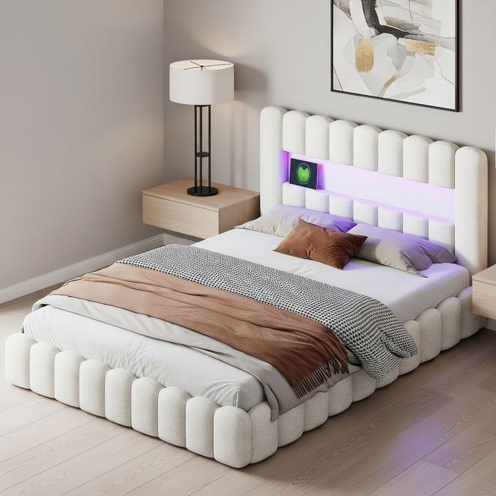 Cama doble con espacio de almacenamiento de 160 x 200 cm, tapizada con puerto USB e iluminación LED, estructura para 2 personas, somier de láminas, lino, color beige.