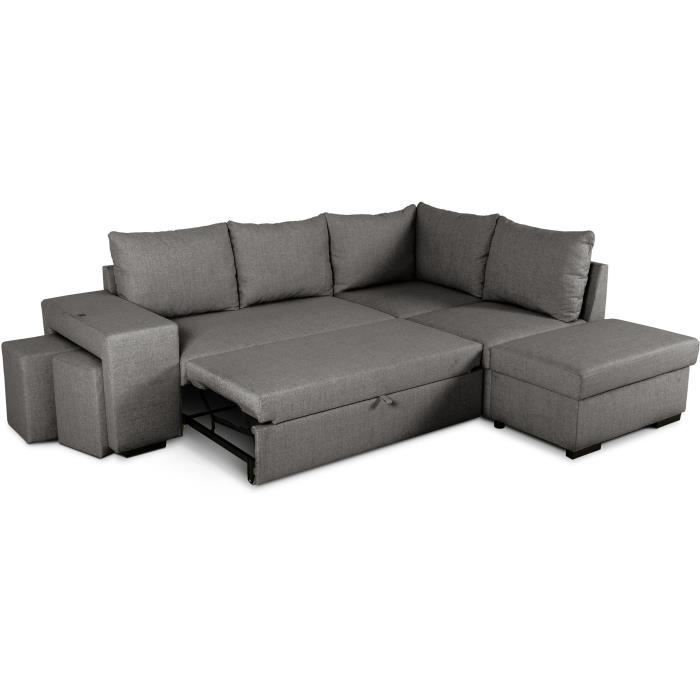 Sofá cama esquinero reversible de 4 plazas MITCHELL - Tela antracita - Ancho 247 x Profundidad 91 x Alto 205 cm - Compartimento de almacenamiento