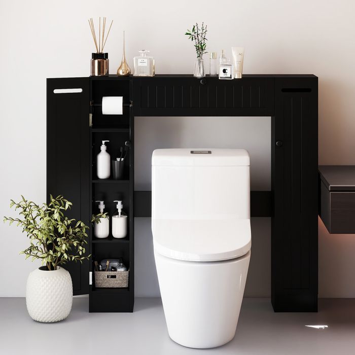 Armario de baño COSTWAY con estantes ajustables y portarrollos de papel higiénico, 89 x 19,5 x 99 cm, negro.