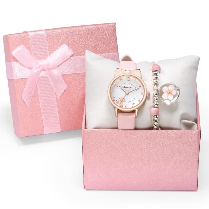 Reloj y pulsera para niña - Set de regalo - Lindo gato 2021 Marca Quartz Resistente al agua Rosa