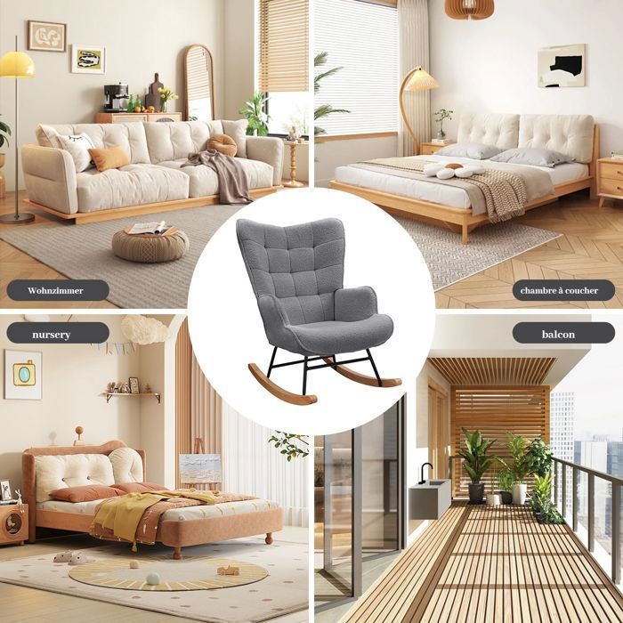 Fauteuil à Bascule - LUMINARIX - Gris foncé - Scandinave - Pieds en Métal et Bois Massif - 1 place