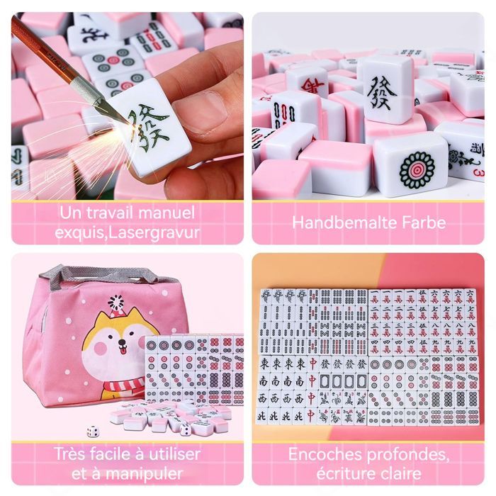 Juego de Mahjong C de 2,4 cm, mesa de Mahjong, bolso/mantel/dados rosas incluidos, lindo juego de entretenimiento compacto