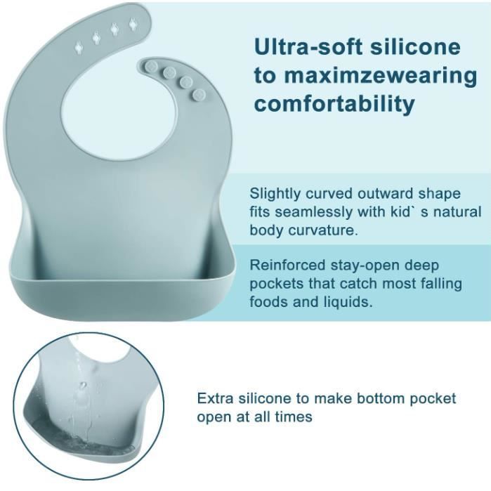 Bavaglini impermeabili in silicone per neonati, set da 3 bavaglini morbidi in silicone per la pappa con 4 bottoni regolabili e tasca