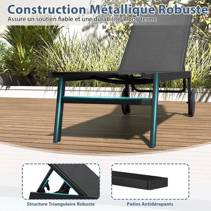 COSTWAY Lot de 2 Bain de Soleil avec Roulettes, Dossier Réglable en 6 Positions, Textilène pour Piscine, Terrasse et Jardin Gris