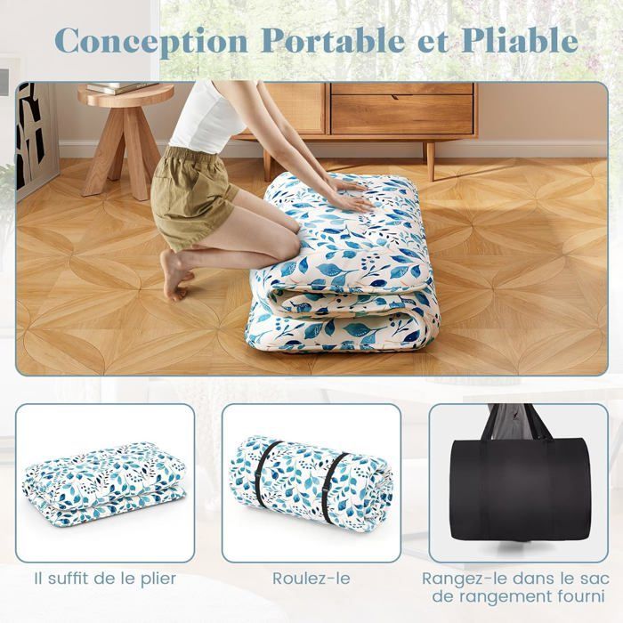 COSTWAY Matelas Futon 90 x 200 CM, Surmatelas Amovible Lavable, Matelas de Sol Portable avec Sac de Transport, Motif de Feuille