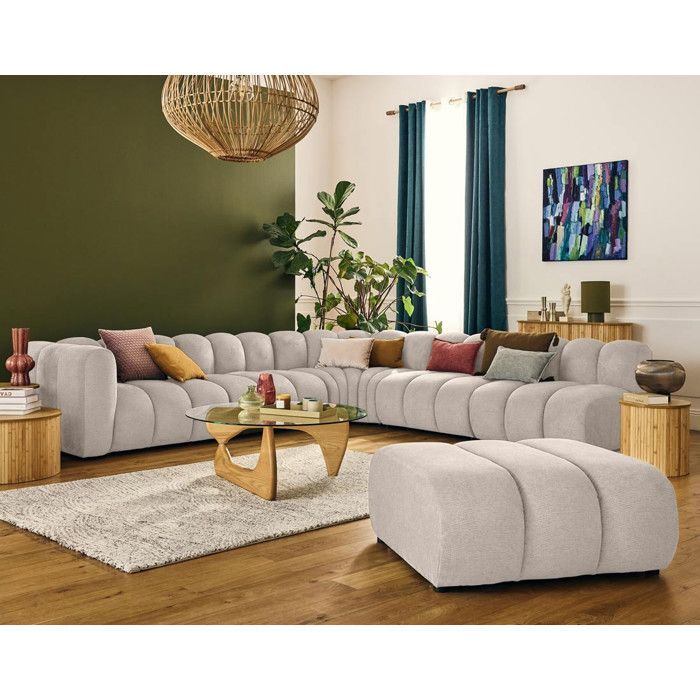 Debbie - Sofá modular esquinero derecho de 5 plazas en tela texturizada - Beige