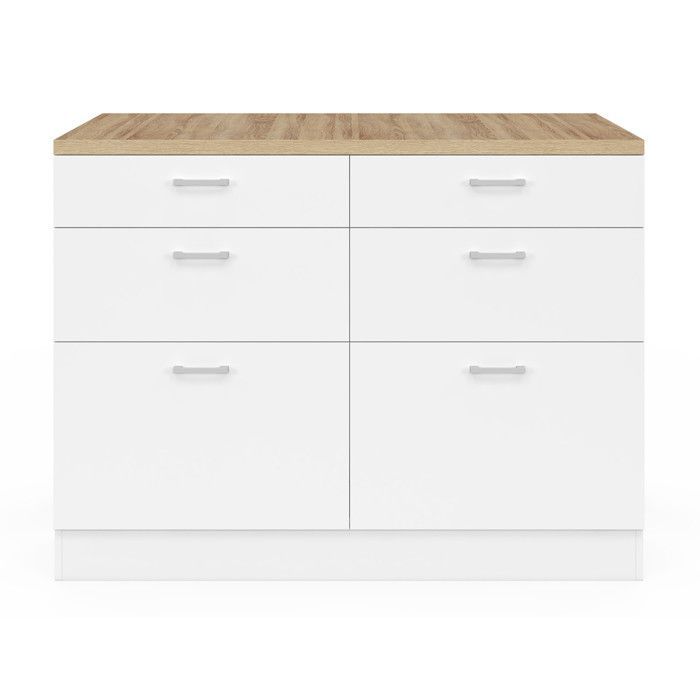 Mesa de bar central IDMARKET ORSO de 120 cm con 6 cajones, color blanco y tablero de madera.
