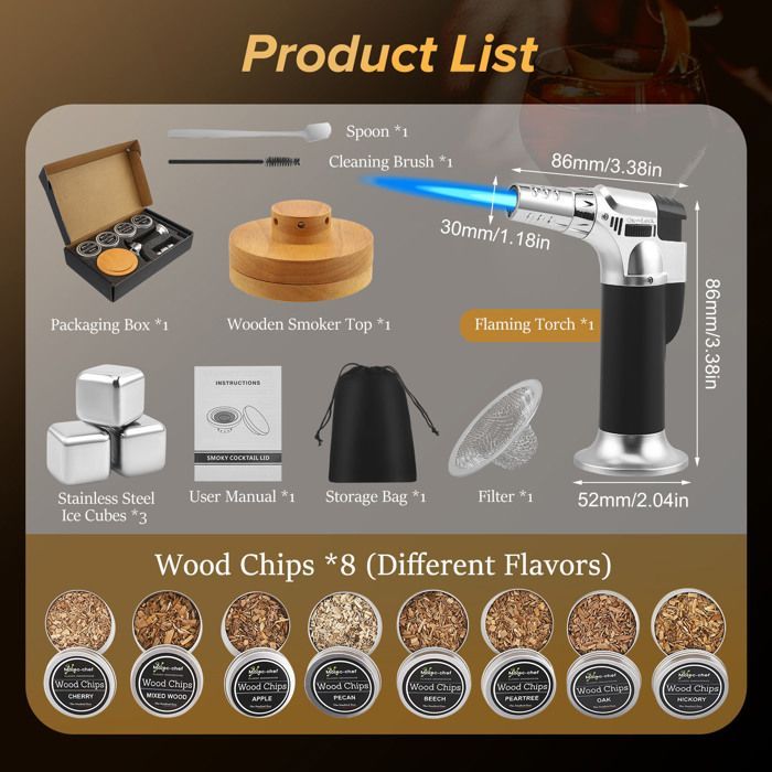 Kit para ahumar cócteles/whisky: incluye quemador, 8 virutas de madera y 3 piedras de acero inoxidable para whisky (sin butano).