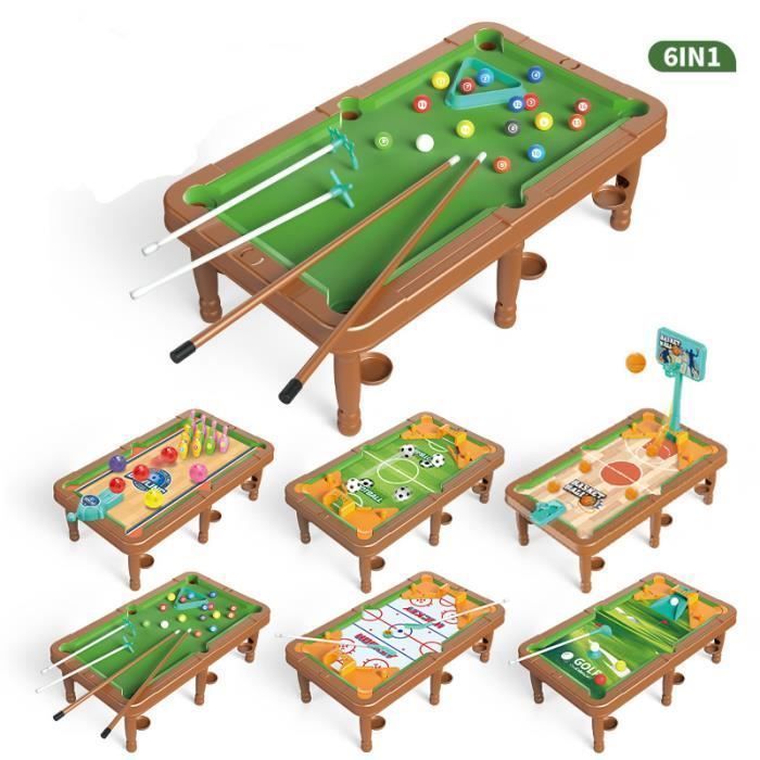 Mesa de juegos 6 en 1 - Madera - Mini billar - Desarrolla la motricidad fina - Para niños y adultos - Interior multicolor