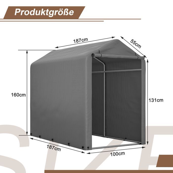 Casetta da giardino - 187 x 100 x 160 cm - Telaio in acciaio zincato - Telone in PE 170 g/m² - Porta impermeabile con cerniera