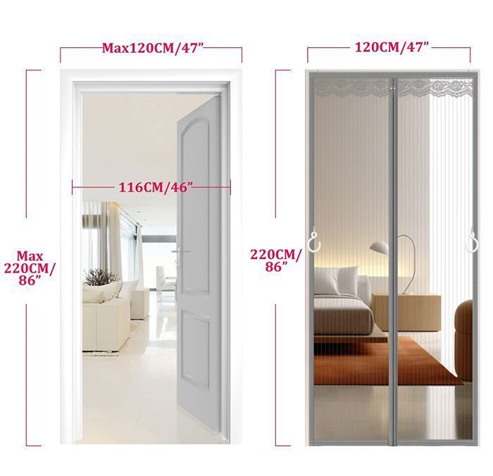 Mosquitera magnética para puertas y ventanas, 120 x 220 cm, reforzada, para balcones, sótanos y puertas de dormitorios, color gris, 52 imanes.