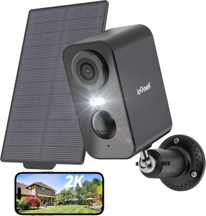 Cámara de seguridad WiFi inalámbrica solar para exteriores ieGeek 2K, visión nocturna a color, detección de movimiento por IA, audio