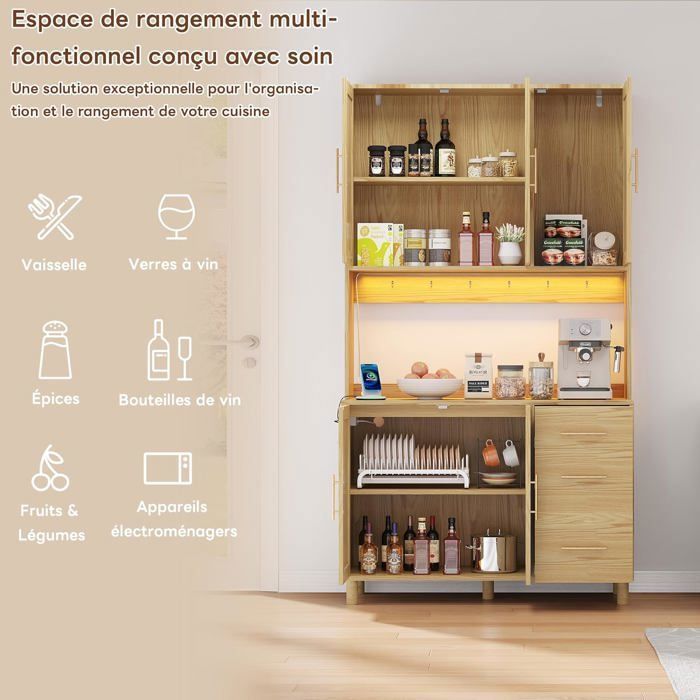 LEMONBEST Buffet de cuisine 183 cm rotin tressé, LED multicolore, prises électriques & USB, 5 portes, 3 tiroirs