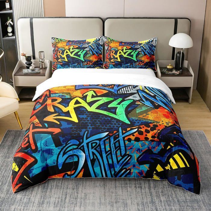 Graffiti Style Housse de Couette 140x200cm Adolescent Hip Hop décoration Enfants Parure de Lit Garçon Fille Graffiti Motif 3 pièces